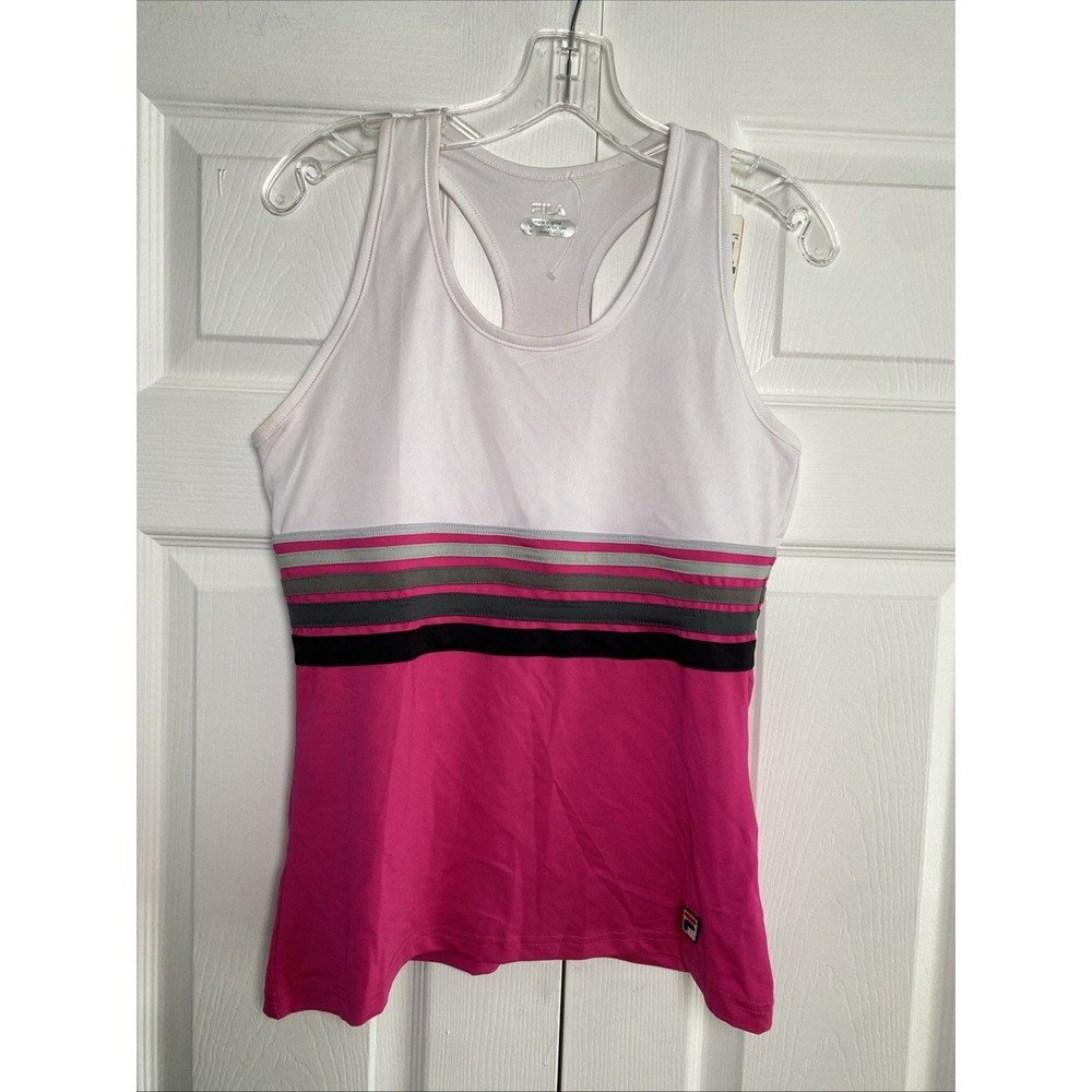 Fila Performa Racerback Tank Womens Size L Pink White Striped Athletic Workout